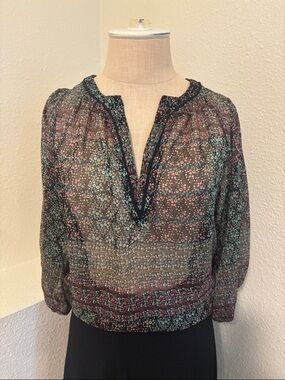 Anthropologie Maeve Puff Sleeve Floral V Neck Blouse Business Casual Lightweight